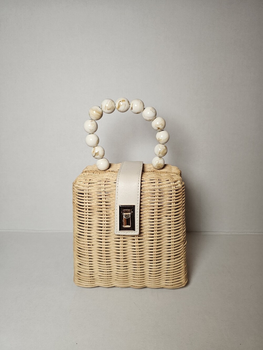 Antik Kraft Woven Rattan Top-Handle Bag with Beaded Handle - Cream